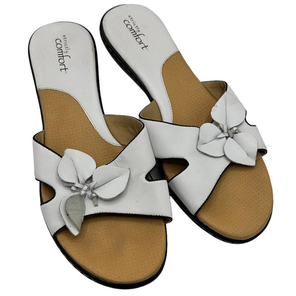 STRICTLY COMFORT WHITE LEAF ACCENTS SLIDE ON SANDALS SIZE 10M